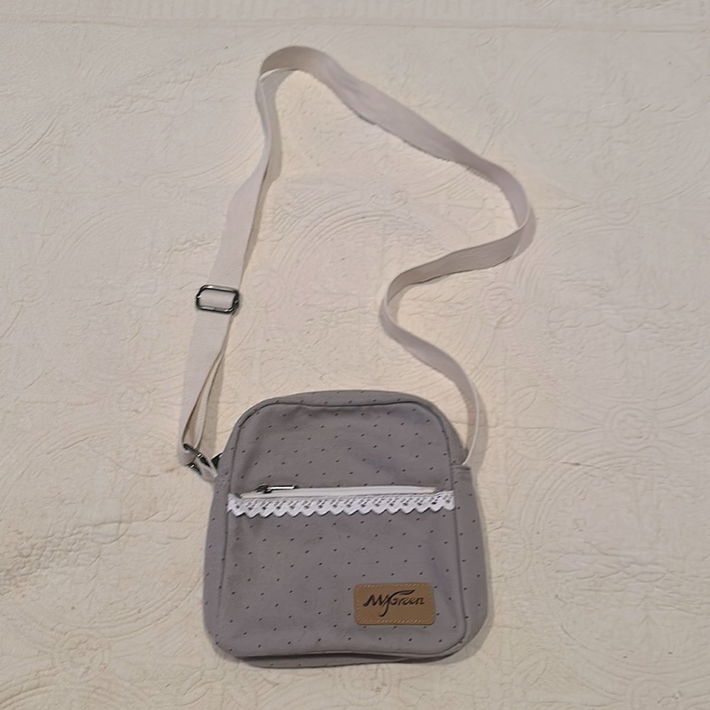 Vintage mygreen Canvas Gray w/ Black Dot & White Lace Trim Purse